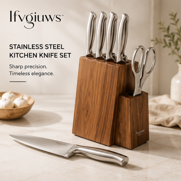 Ifvgiuws™ Professional Kitchen Knife Set with Wooden Block, Chef Knife & Utility Knives