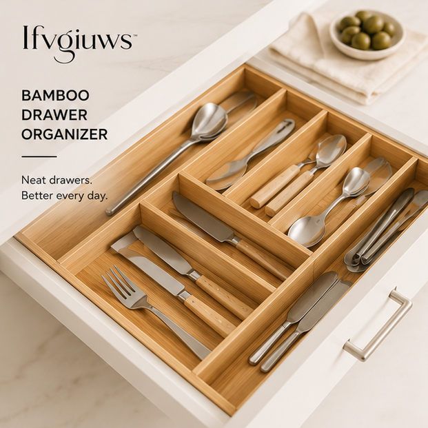 Ifvgiuws™ Expandable Bamboo Kitchen Drawer Organizer for Utensils, Cutlery & Flatware Storage