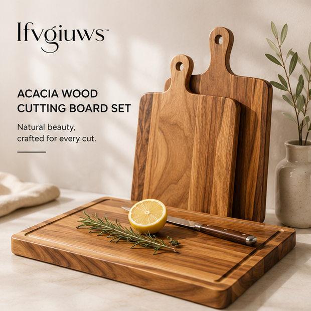 Ifvgiuws™ Acacia Wood Cutting Board Set with Juice Groove & Non-Slip Base for Meat, Vegetables, Bread & Meal Prep