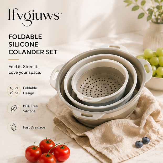 Ifvgiuws™ Foldable Silicone Colander Set for Pasta, Fruit, Vegetables & Kitchen Storage Saving