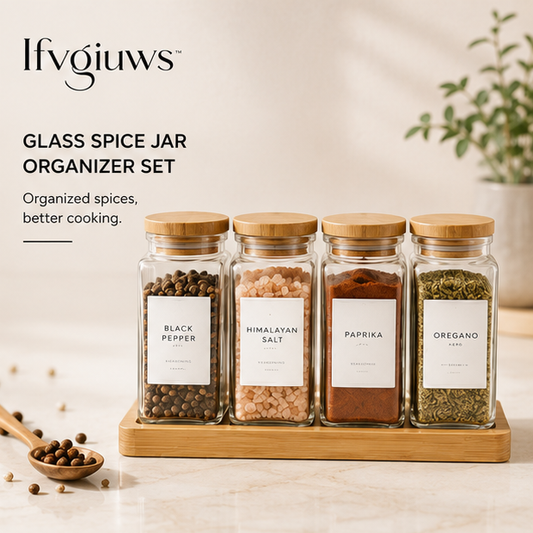 Ifvgiuws™ Glass Spice Jar Set with Bamboo Lids, Labels & Kitchen Drawer Organizer Storage