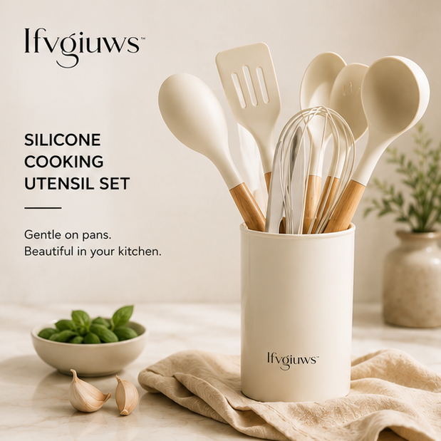 Ifvgiuws™ Non-Stick Silicone Kitchen Utensil Set with Wooden Handles for Cooking & Baking